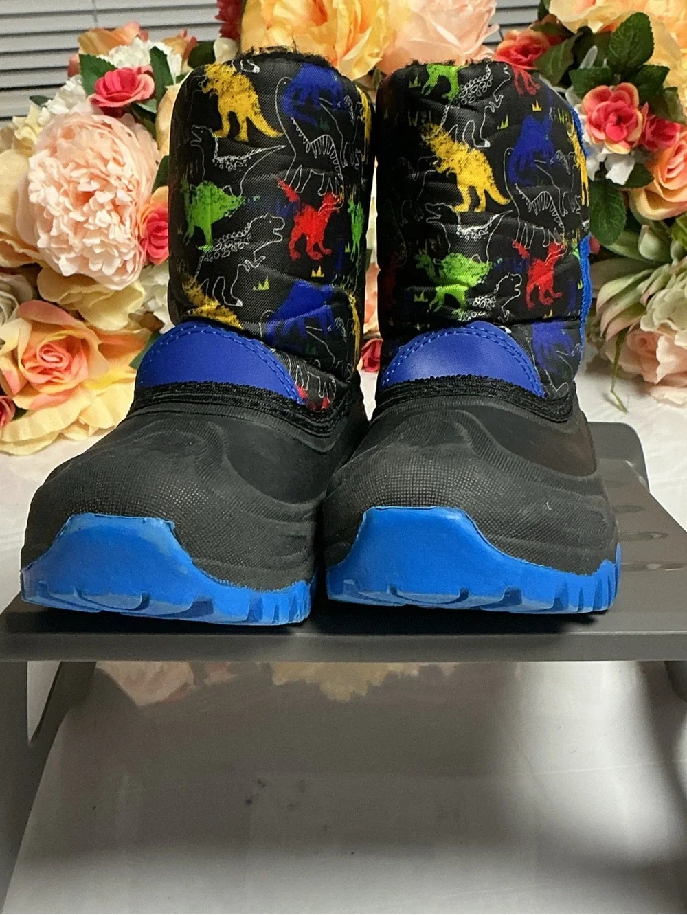 US Sports Toddler Snow Boots Size 8 Black Blue Dinosaur Print Winter Faux Fur